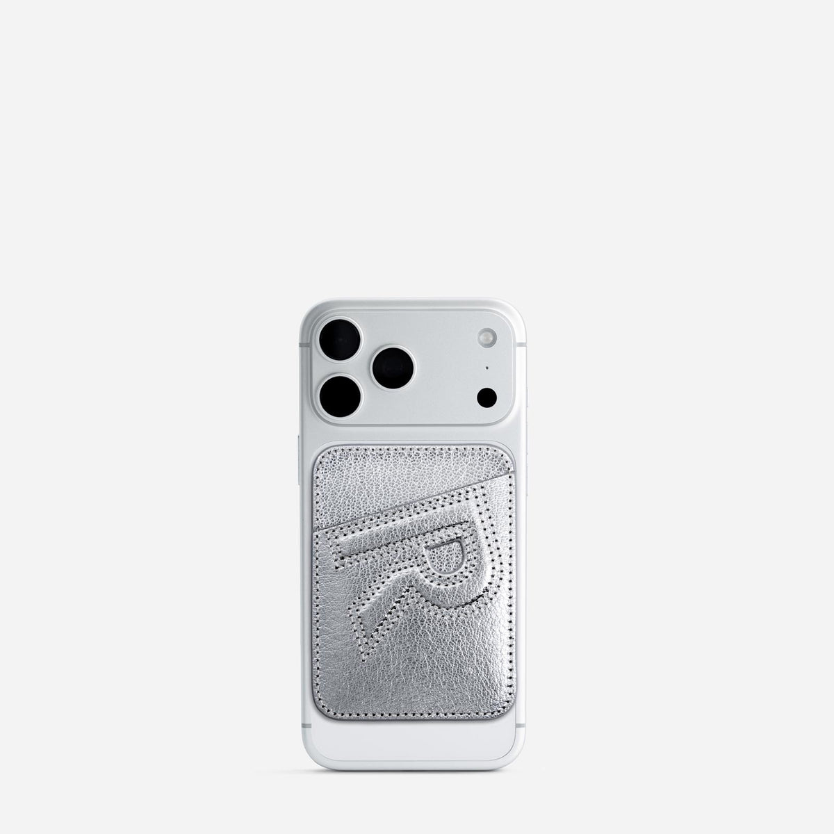 MagSafe cardholder in Metallic Silver, initial R, on phone