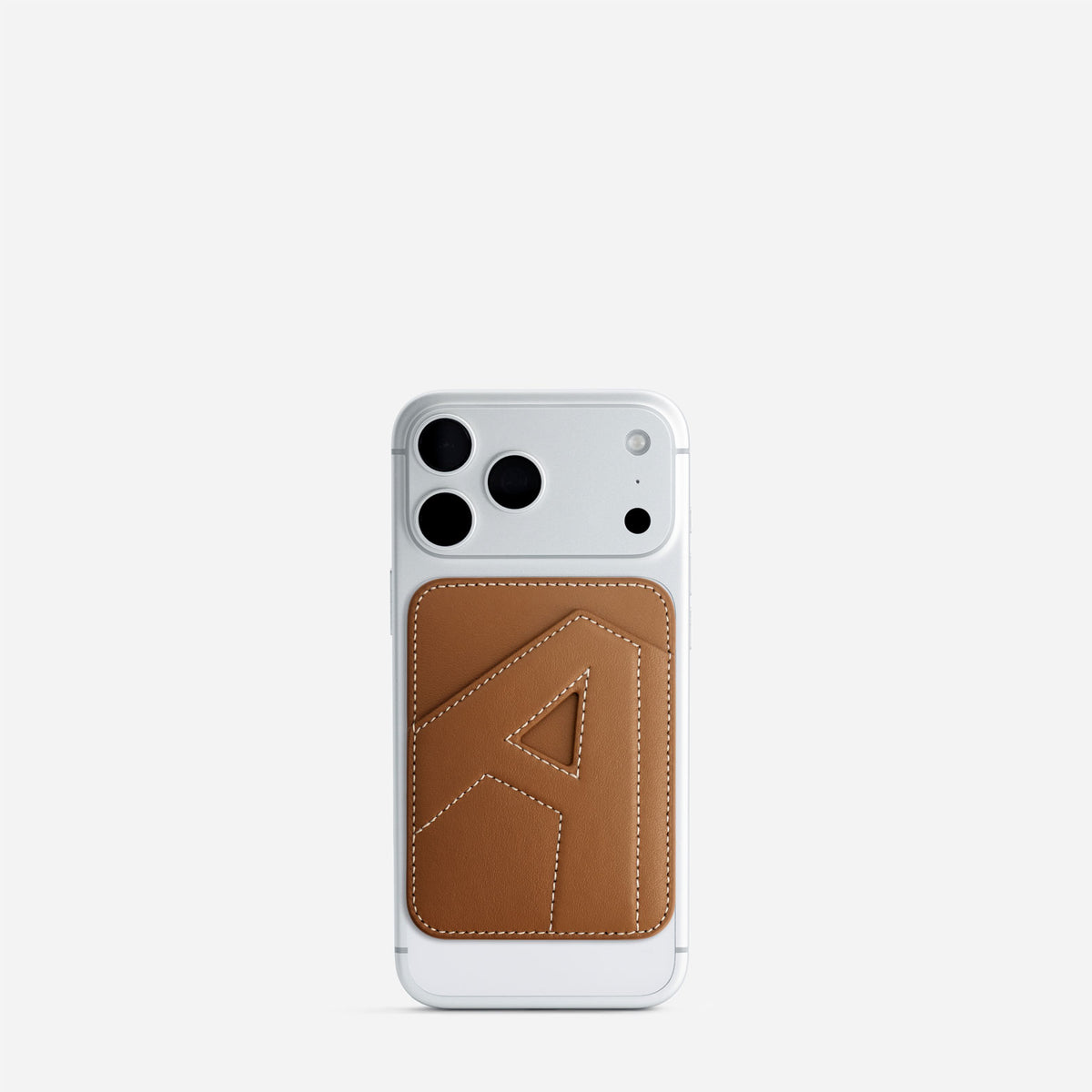 MagSafe cardholder in Canyon, initial A, on phone